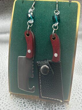 Handmade Witch B*tch Real Mini Butcher Knife and Blue/Green Glass Bead Earrings